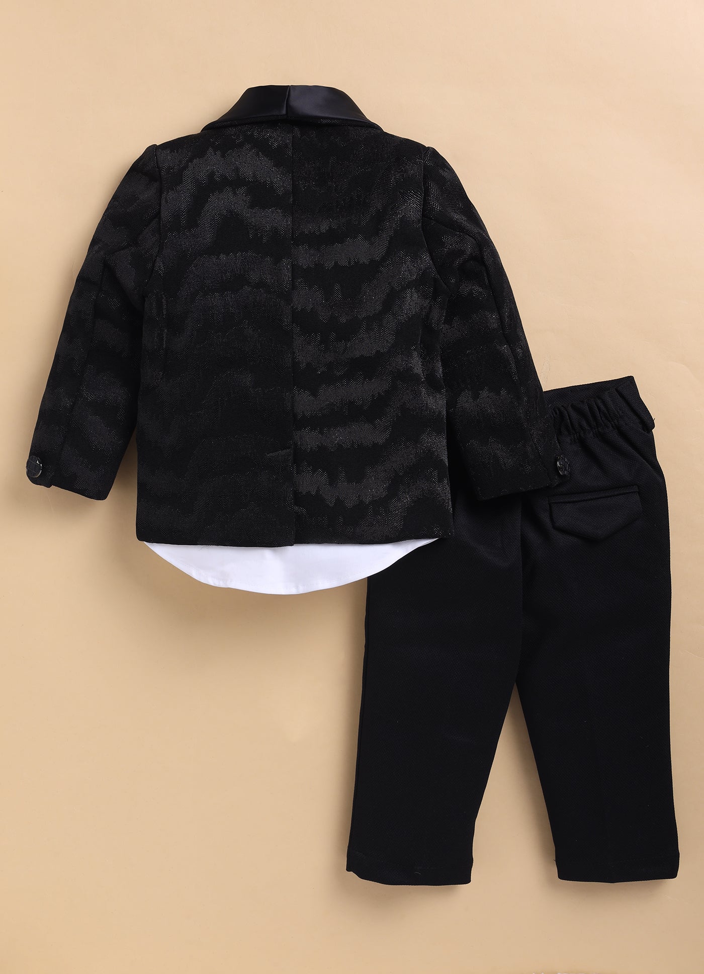 Blended Jaquard Woven Full Sleeves Coat Pant with Tuxedo Shirt and Bow Formal Coat Set- Black