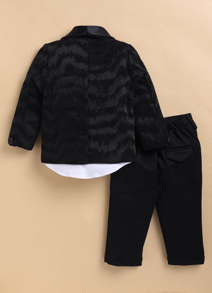 Blended Jaquard Woven Full Sleeves Coat Pant with Tuxedo Shirt and Bow Formal Coat Set- Black