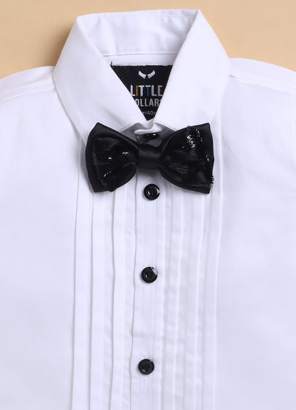 Velvet Woven Full Sleeves Striped Coat Pant with Tuxedo Shirt and Bow Formal Coat Set- Black