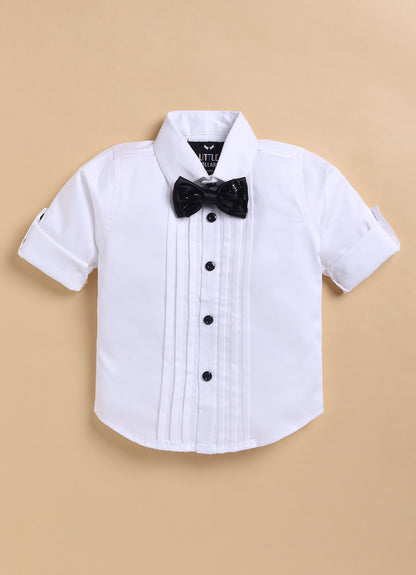 Velvet Woven Full Sleeves Striped Coat Pant with Tuxedo Shirt and Bow Formal Coat Set- Black