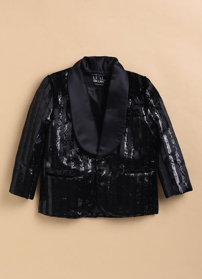 Velvet Woven Full Sleeves Striped Coat Pant with Tuxedo Shirt and Bow Formal Coat Set- Black