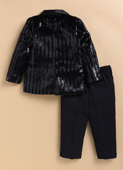 Velvet Woven Full Sleeves Striped Coat Pant with Tuxedo Shirt and Bow Formal Coat Set- Black