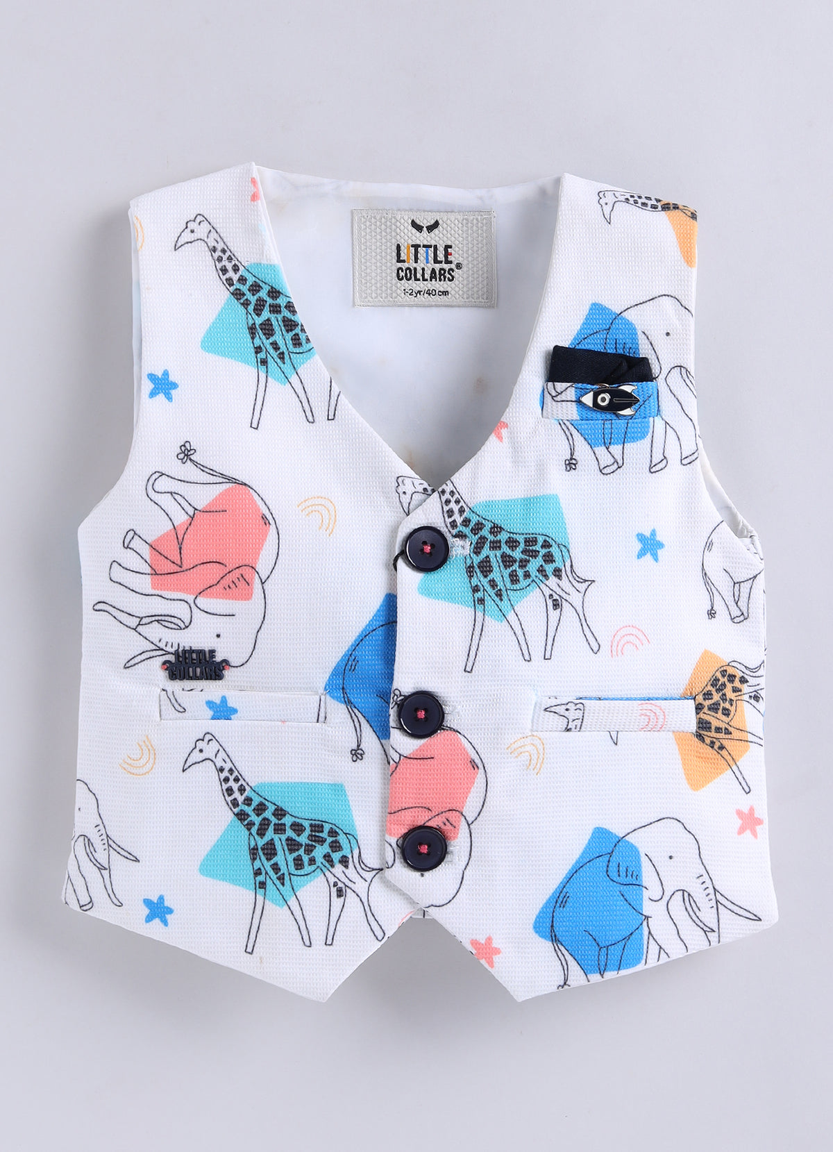 Boys Blended Cotton Woven Animal Printed Waistcoat with Full Sleevs Shirt, Pant, Bow and Belt Set - Peach