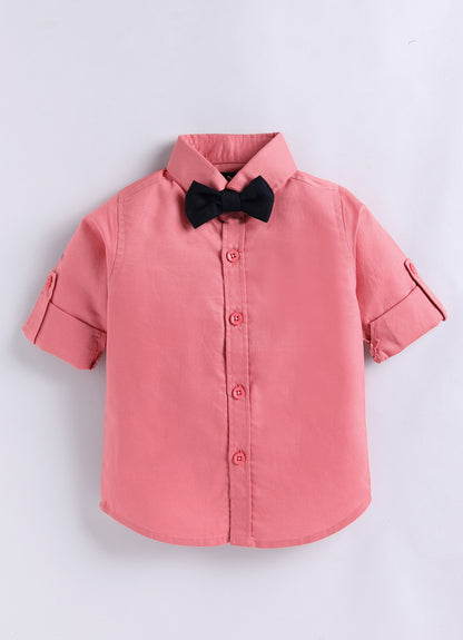 Boys Blended Cotton Woven Animal Printed Waistcoat with Full Sleevs Shirt, Pant, Bow and Belt Set - Peach