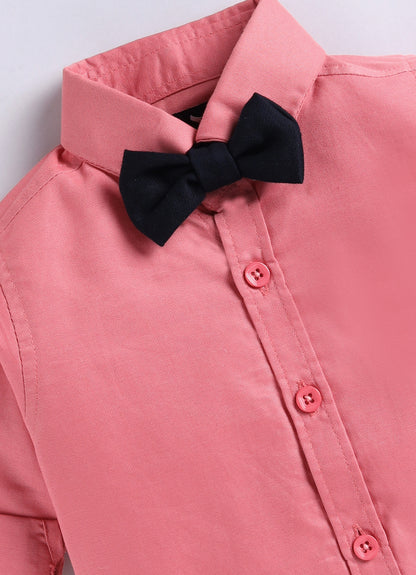 Boys Blended Cotton Woven Animal Printed Waistcoat with Full Sleevs Shirt, Pant, Bow and Belt Set - Peach