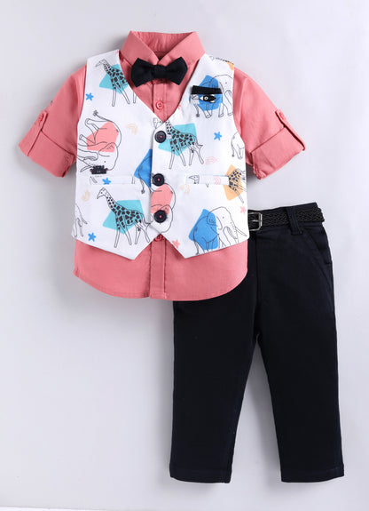 Boys Blended Cotton Woven Animal Printed Waistcoat with Full Sleevs Shirt, Pant, Bow and Belt Set - Peach