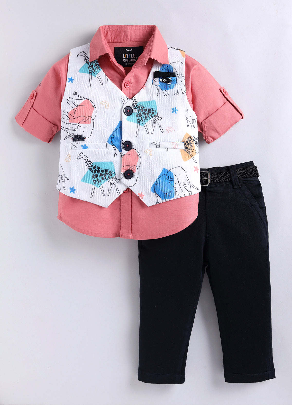 Boys Blended Cotton Woven Animal Printed Waistcoat with Full Sleevs Shirt, Pant, Bow and Belt Set - Peach