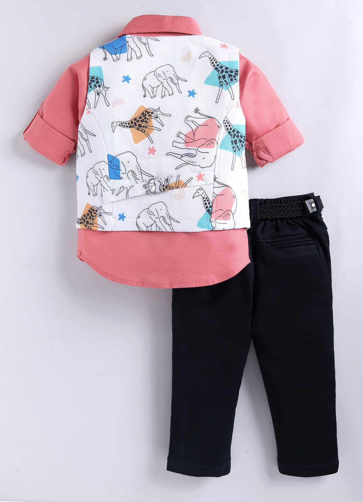 Boys Blended Cotton Woven Animal Printed Waistcoat with Full Sleevs Shirt, Pant, Bow and Belt Set - Peach