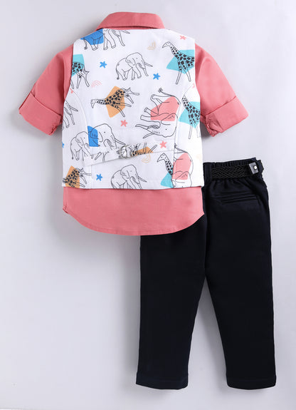 Boys Blended Cotton Woven Animal Printed Waistcoat with Full Sleevs Shirt, Pant, Bow and Belt Set - Peach