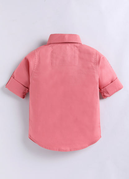 Boys Blended Cotton Woven Animal Printed Waistcoat with Full Sleevs Shirt, Pant, Bow and Belt Set - Peach