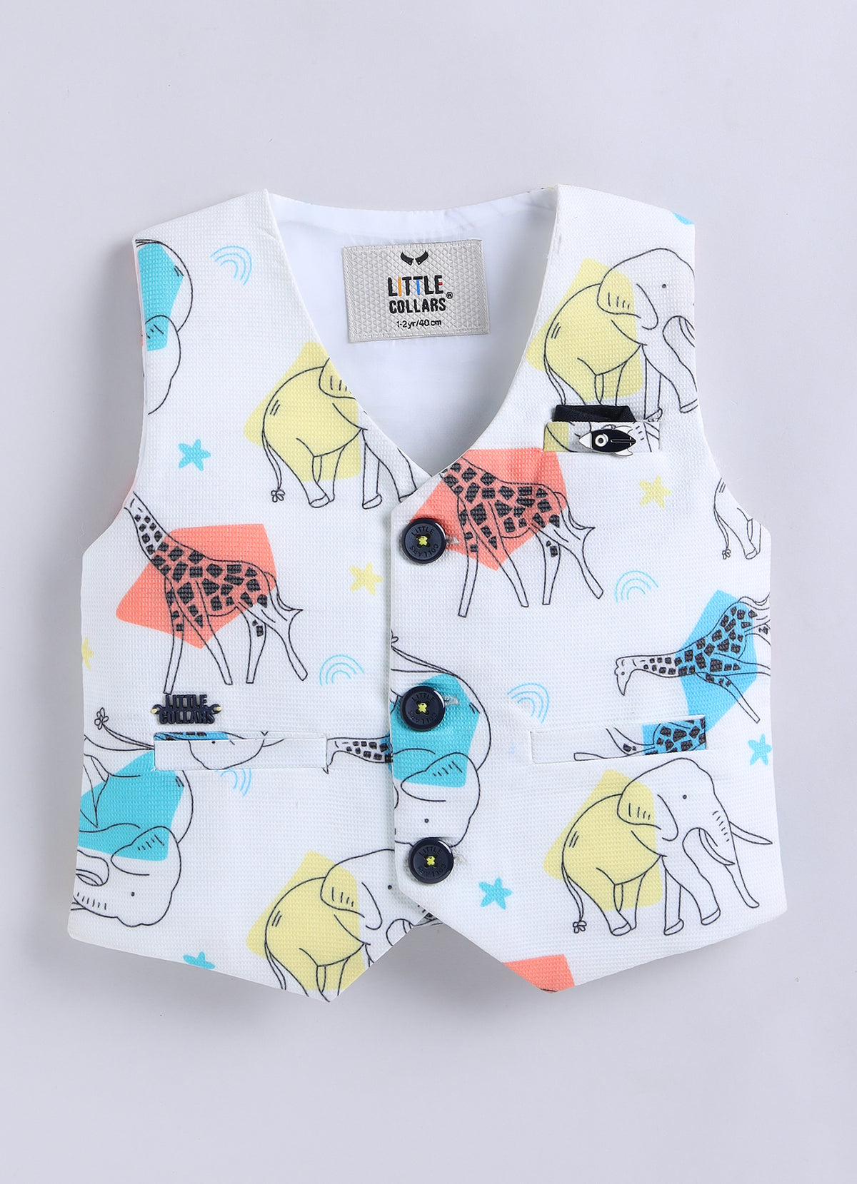 Boys Blended Cotton Woven Animal Printed Waistcoat with Full Sleevs Shirt, Pant, Bow and Belt Set - Yellow