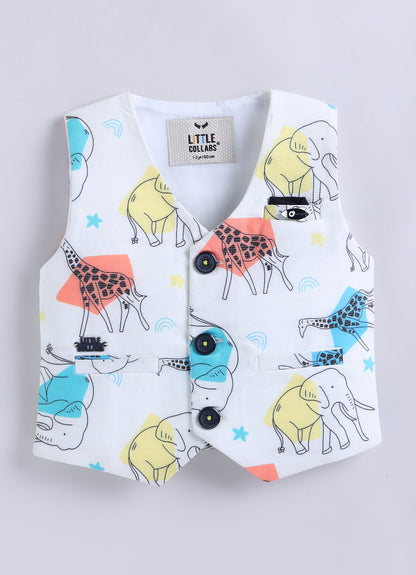 Boys Blended Cotton Woven Animal Printed Waistcoat with Full Sleevs Shirt, Pant, Bow and Belt Set - Yellow
