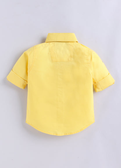 Boys Blended Cotton Woven Animal Printed Waistcoat with Full Sleevs Shirt, Pant, Bow and Belt Set - Yellow