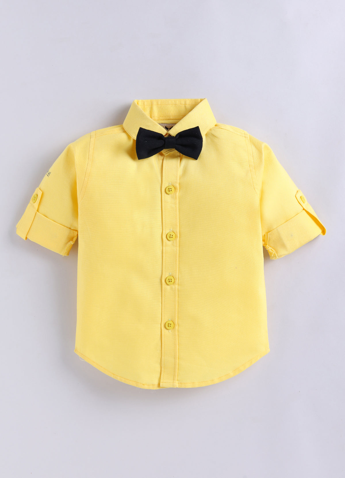 Boys Blended Cotton Woven Animal Printed Waistcoat with Full Sleevs Shirt, Pant, Bow and Belt Set - Yellow