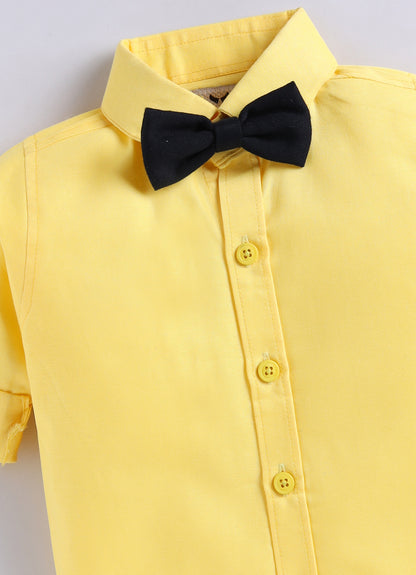Boys Blended Cotton Woven Animal Printed Waistcoat with Full Sleevs Shirt, Pant, Bow and Belt Set - Yellow