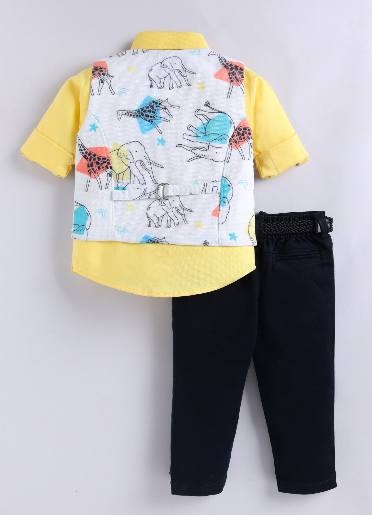 Boys Blended Cotton Woven Animal Printed Waistcoat with Full Sleevs Shirt, Pant, Bow and Belt Set - Yellow