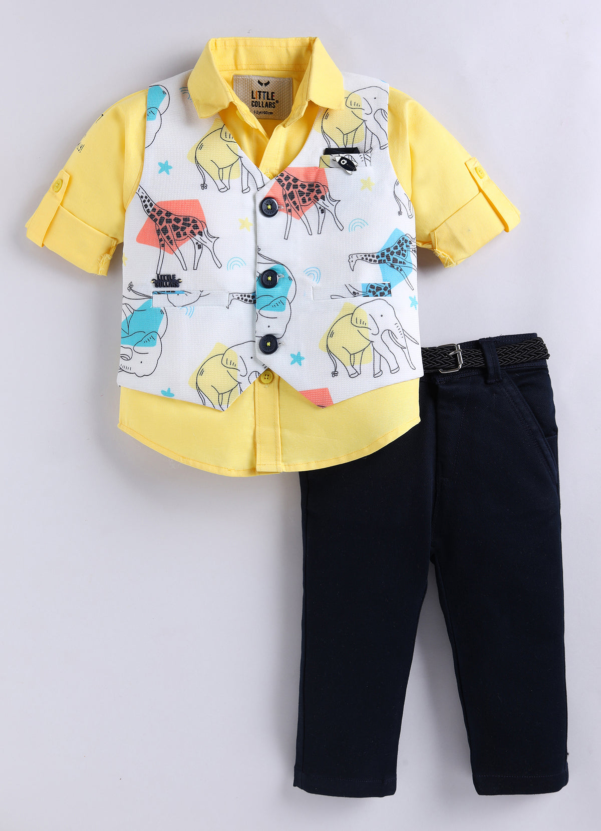 Boys Blended Cotton Woven Animal Printed Waistcoat with Full Sleevs Shirt, Pant, Bow and Belt Set - Yellow