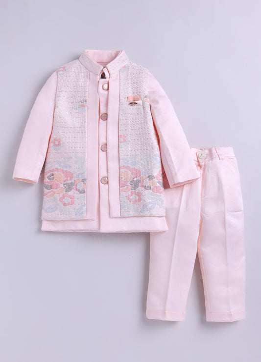 Blended Silk Full Sleeves Self Texture Achkan Bandhgala with Pants and Brooch Ethnicwear Set- Peach