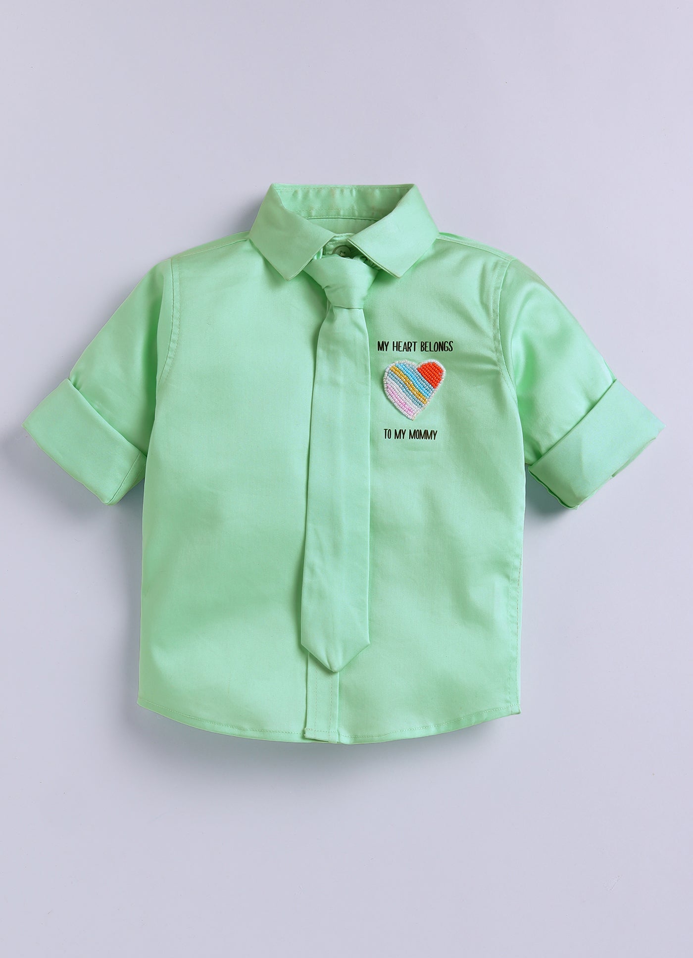 Cotton Satin Shirt with Hand embellished Heart, Pant & Tie Set- Green
