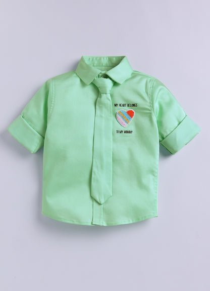 Cotton Satin Shirt with Hand embellished Heart, Pant & Tie Set- Green