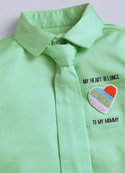 Cotton Satin Shirt with Hand embellished Heart, Pant & Tie Set- Green