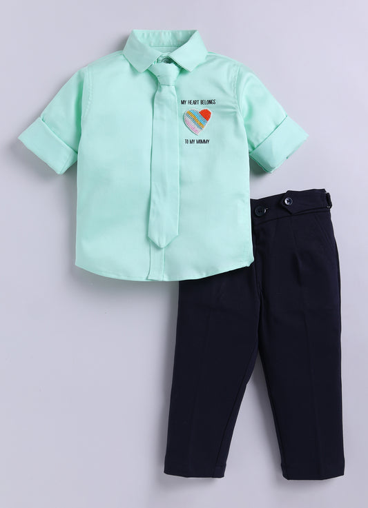 Cotton Satin Shirt with Hand embellished Heart, Pant & Tie Set- Green