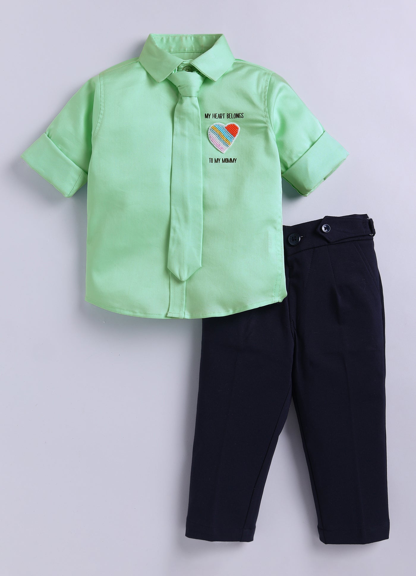 Cotton Satin Shirt with Hand embellished Heart, Pant & Tie Set- Green