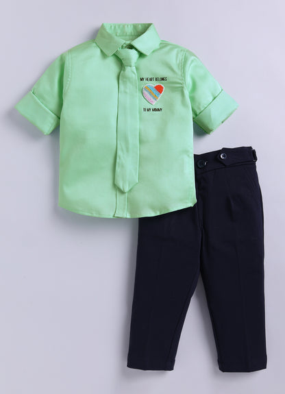 Cotton Satin Shirt with Hand embellished Heart, Pant & Tie Set- Green