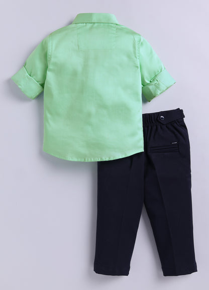 Cotton Satin Shirt with Hand embellished Heart, Pant & Tie Set- Green
