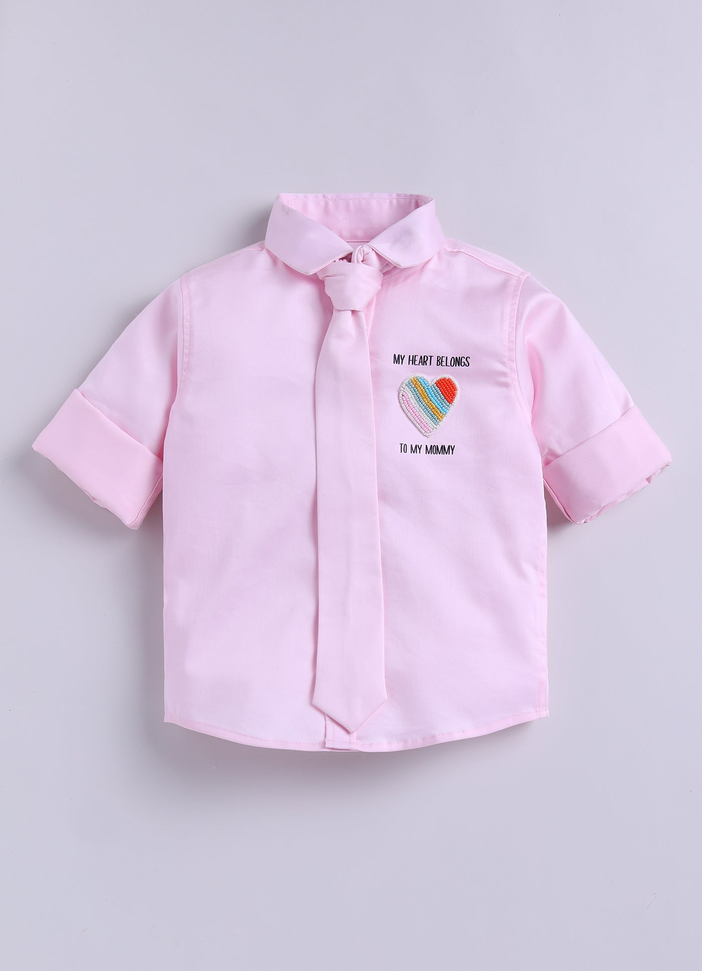 Cotton Satin Shirt with Hand embellished Heart, Pant & Tie Set- Pink