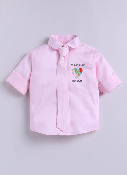 Cotton Satin Shirt with Hand embellished Heart, Pant & Tie Set- Pink
