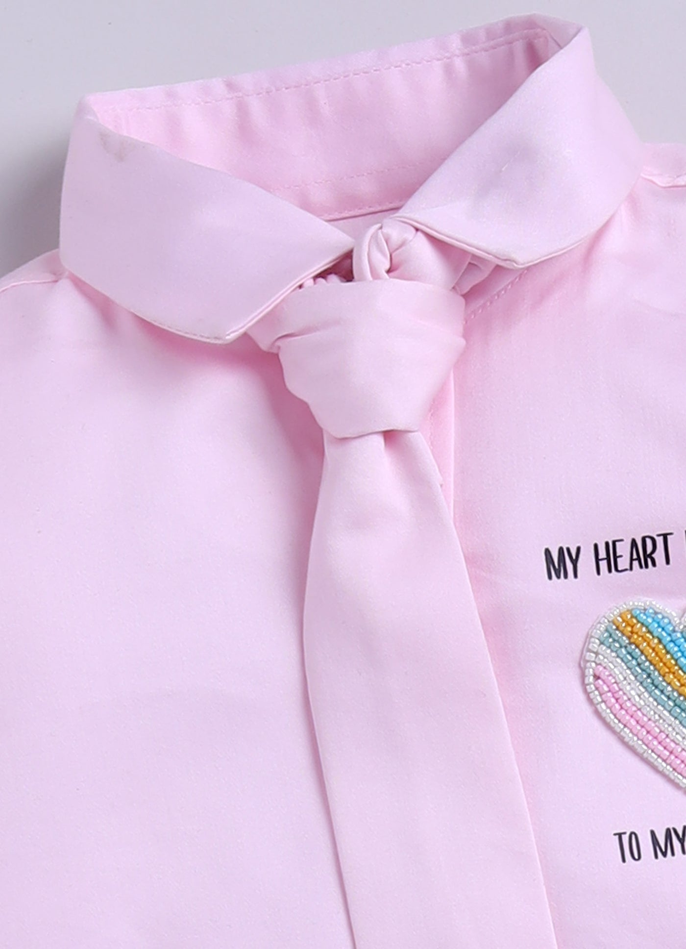 Cotton Satin Shirt with Hand embellished Heart, Pant & Tie Set- Pink