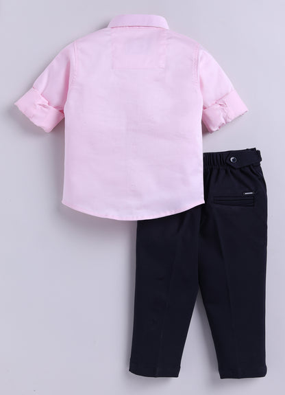 Cotton Satin Shirt with Hand embellished Heart, Pant & Tie Set- Pink