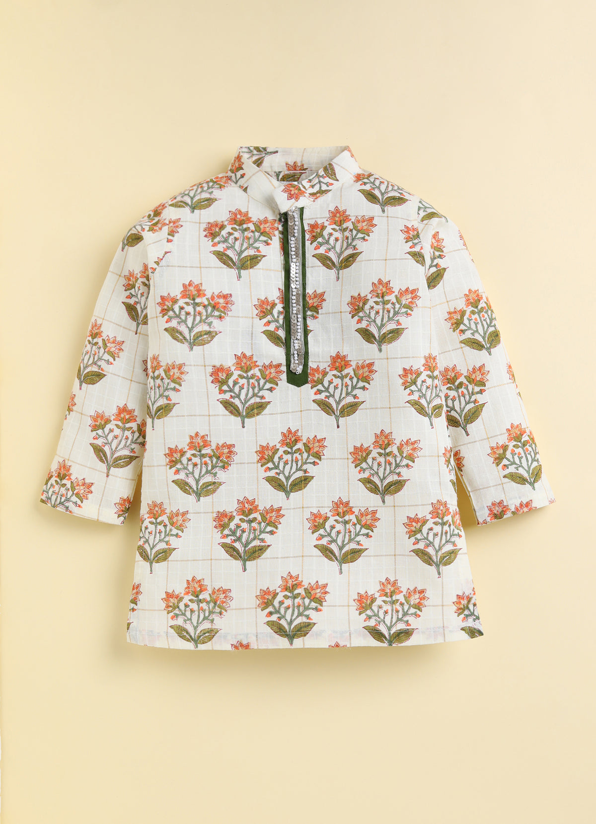 Boys 100% Cotton Jaipuri Floral Printed Full Sleeve Kurta with moti lace and Patiala Ethnic Set  - Green