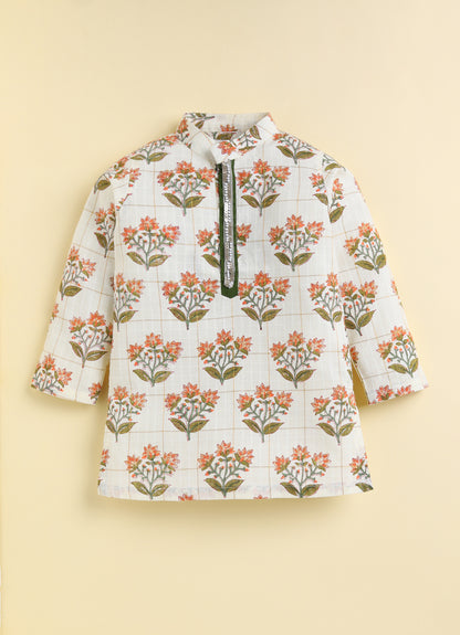 Boys 100% Cotton Jaipuri Floral Printed Full Sleeve Kurta with moti lace and Patiala Ethnic Set  - Green