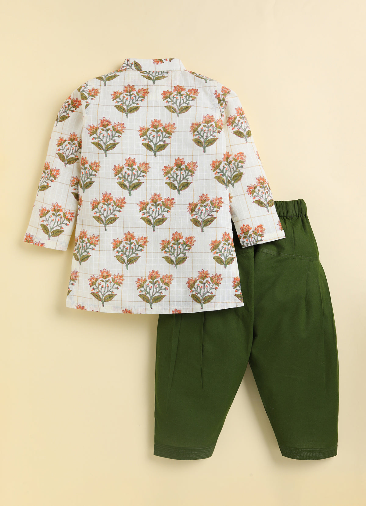 Boys 100% Cotton Jaipuri Floral Printed Full Sleeve Kurta with moti lace and Patiala Ethnic Set  - Green
