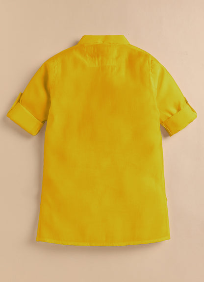 Boys Silk Blend Fabric Beadwork Embroidered Nehru Jacket, Full Sleeve Kurta and Pajama  Ethnic Set - Yellow