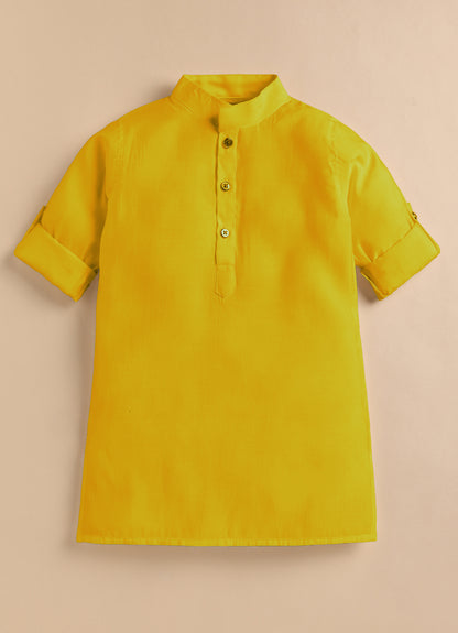 Boys Silk Blend Fabric Beadwork Embroidered Nehru Jacket, Full Sleeve Kurta and Pajama  Ethnic Set - Yellow