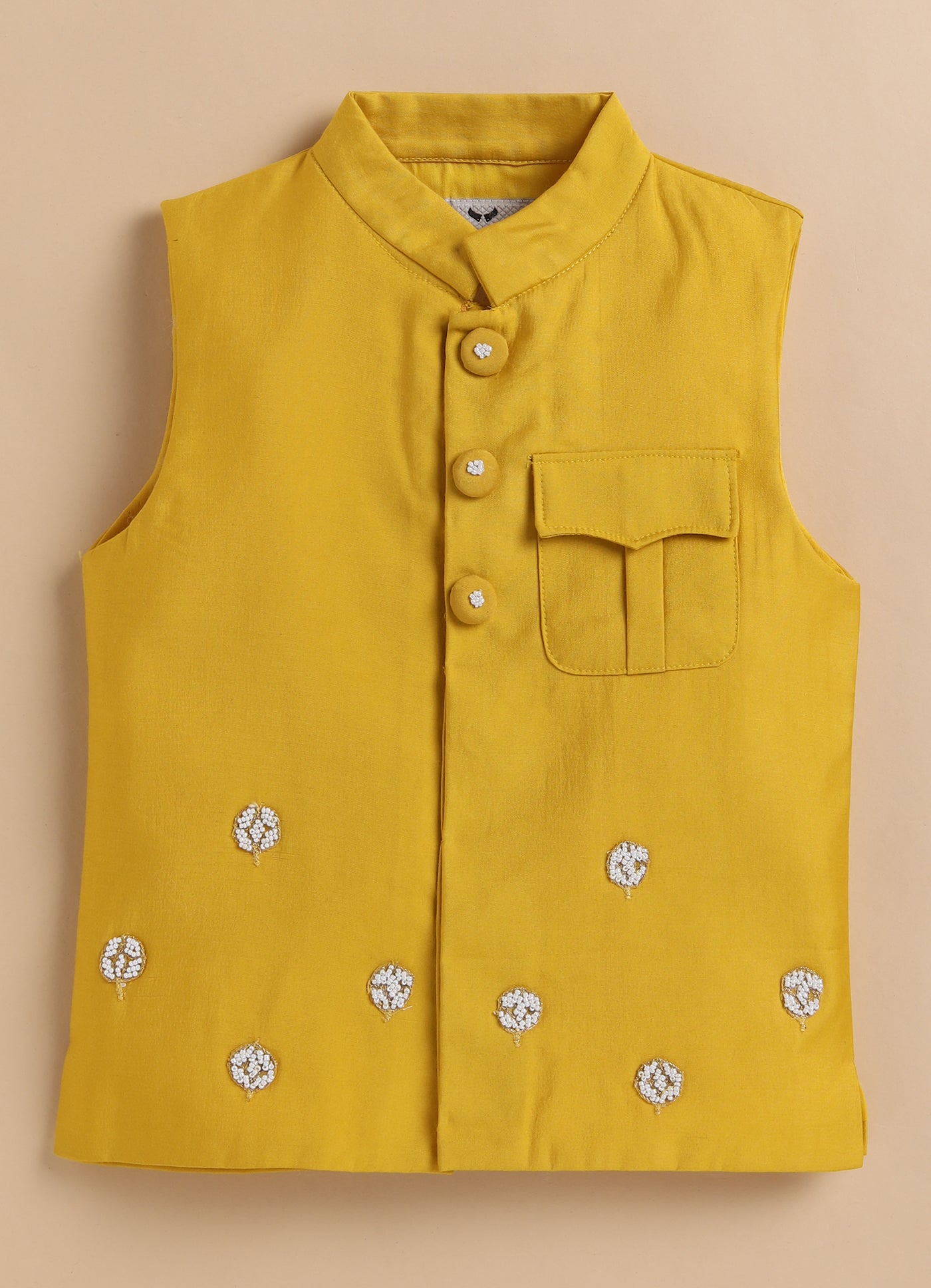 Boys Silk Blend Fabric Beadwork Embroidered Nehru Jacket, Full Sleeve Kurta and Pajama  Ethnic Set - Yellow