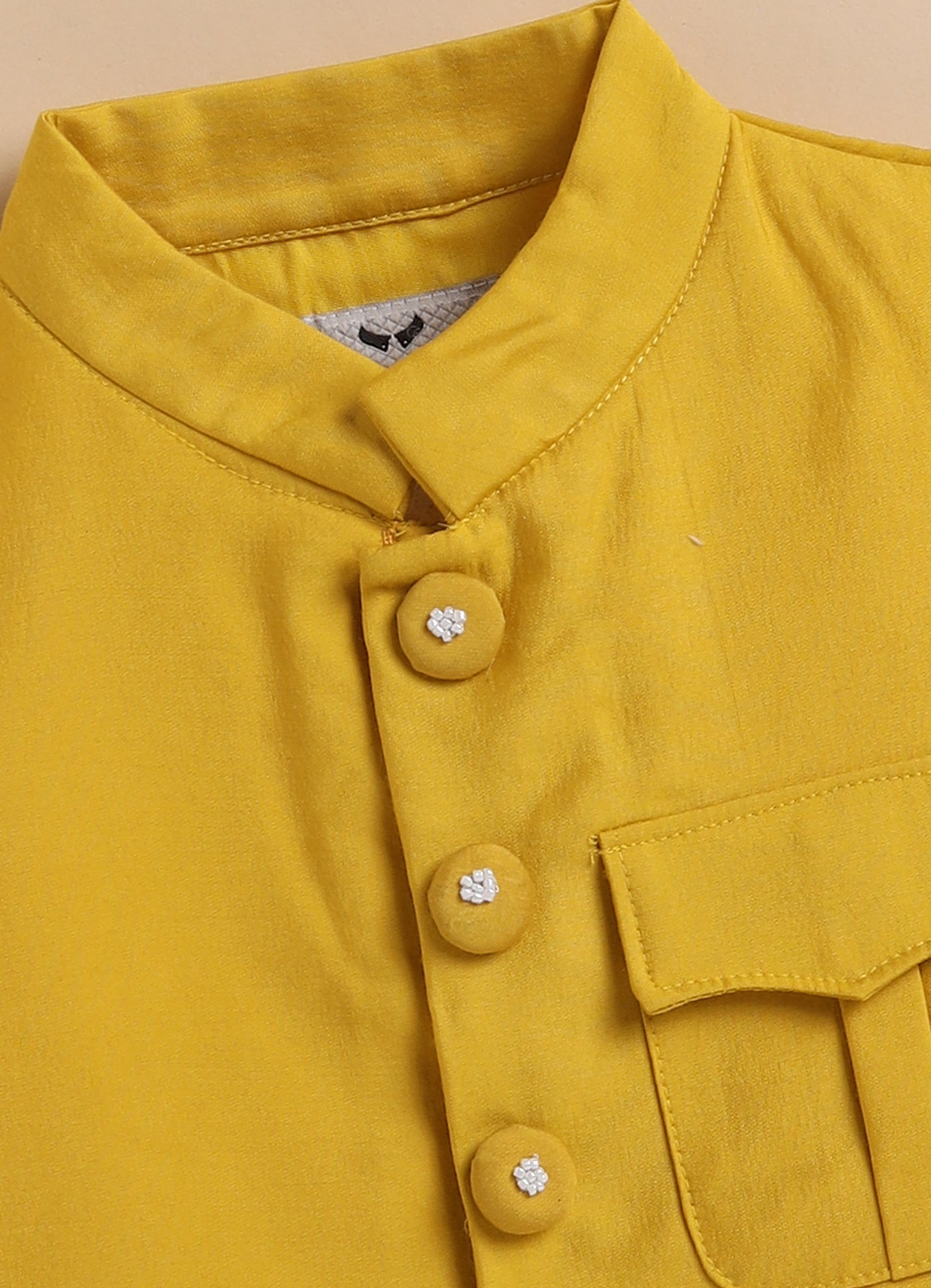 Boys Silk Blend Fabric Beadwork Embroidered Nehru Jacket, Full Sleeve Kurta and Pajama  Ethnic Set - Yellow