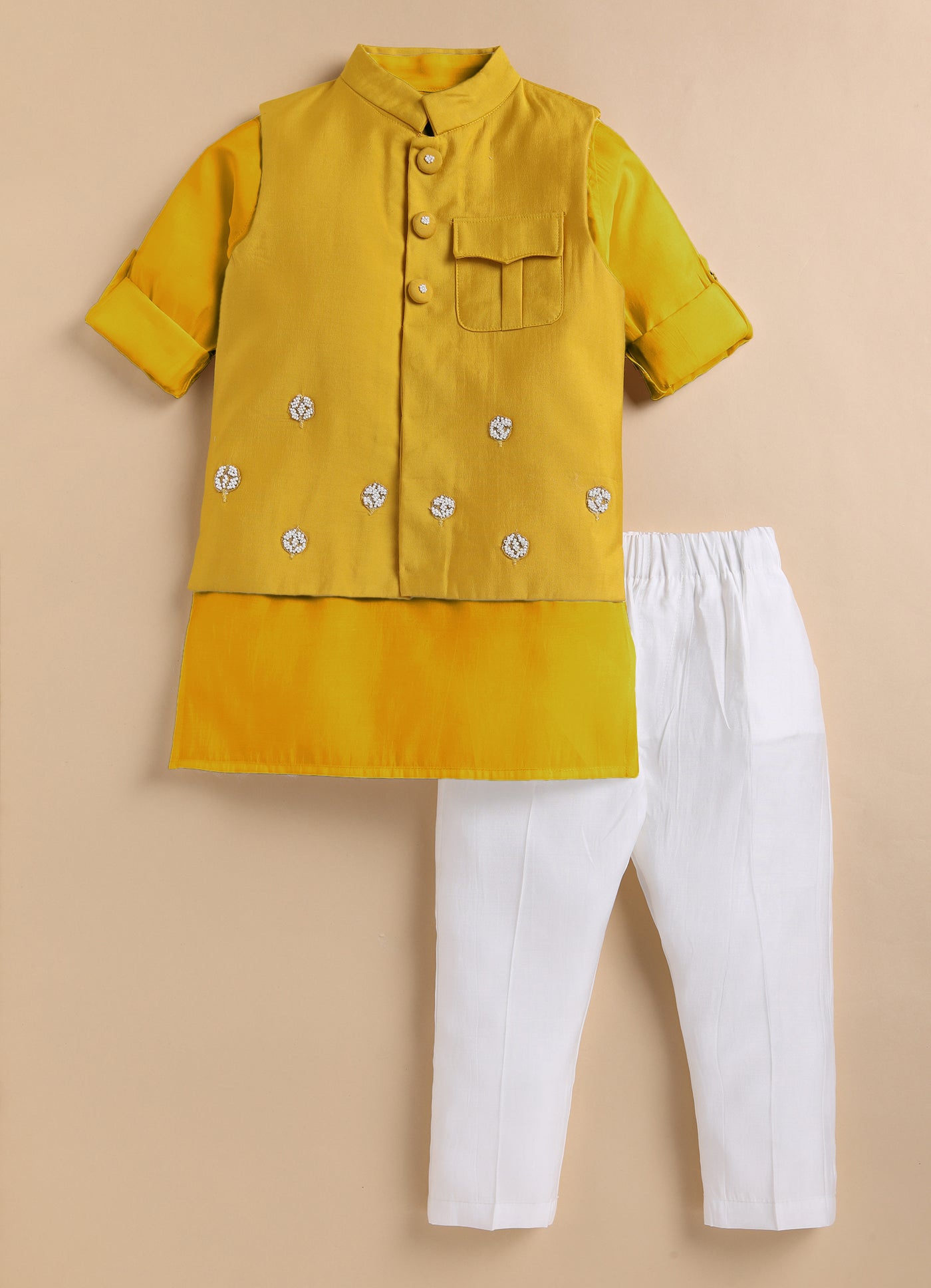 Boys Silk Blend Fabric Beadwork Embroidered Nehru Jacket, Full Sleeve Kurta and Pajama  Ethnic Set - Yellow