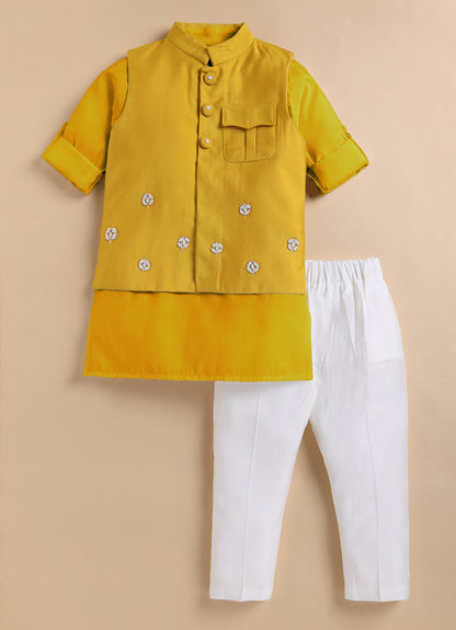 Boys Silk Blend Fabric Beadwork Embroidered Nehru Jacket, Full Sleeve Kurta and Pajama  Ethnic Set - Yellow