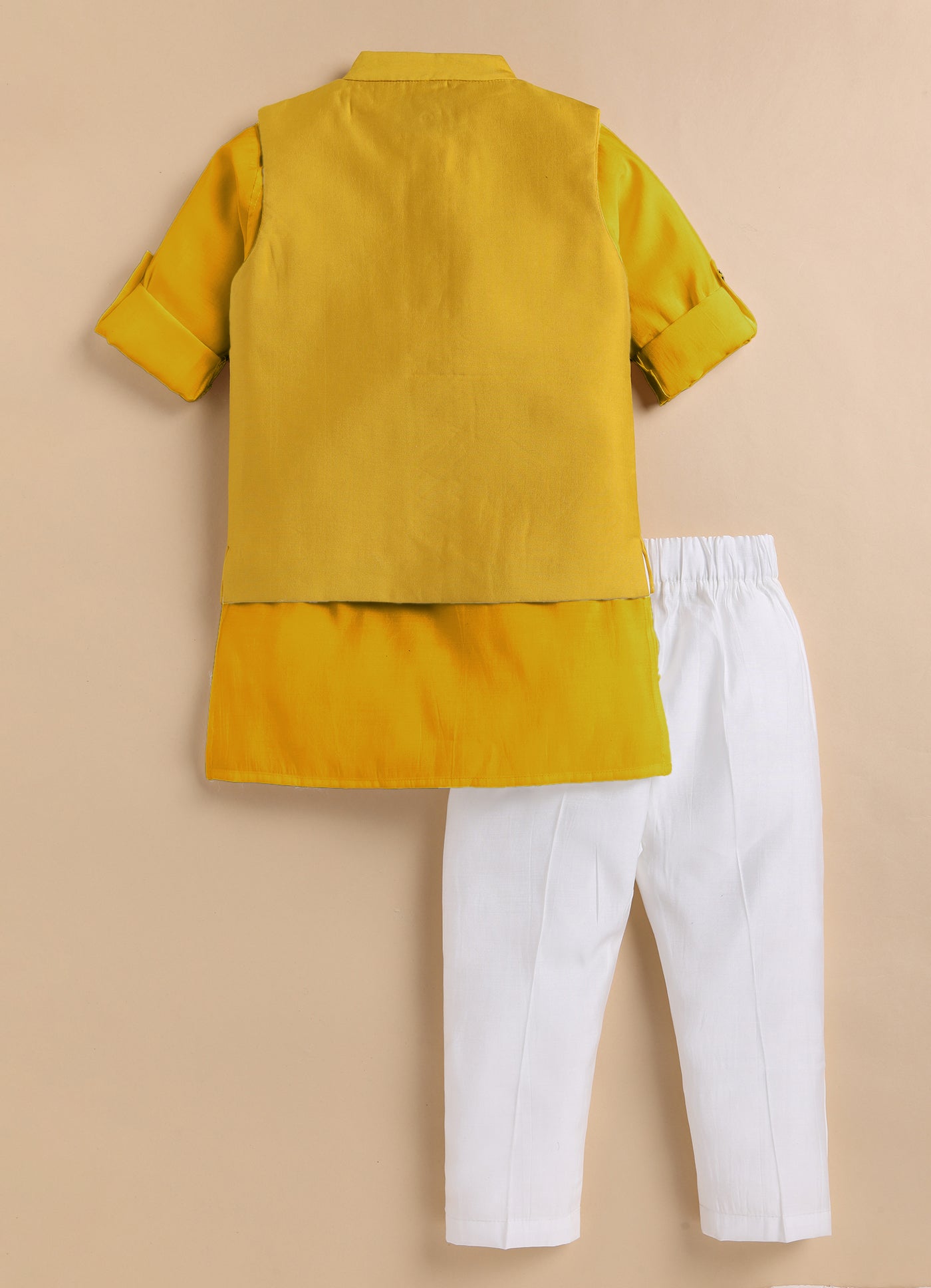 Boys Silk Blend Fabric Beadwork Embroidered Nehru Jacket, Full Sleeve Kurta and Pajama  Ethnic Set - Yellow