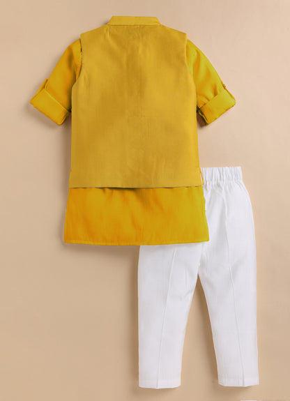 Boys Silk Blend Fabric Beadwork Embroidered Nehru Jacket, Full Sleeve Kurta and Pajama  Ethnic Set - Yellow