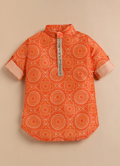Blended Woven Bandhani Printed  Full Sleeves Kurta Pajama Ethnic Set- Orange
