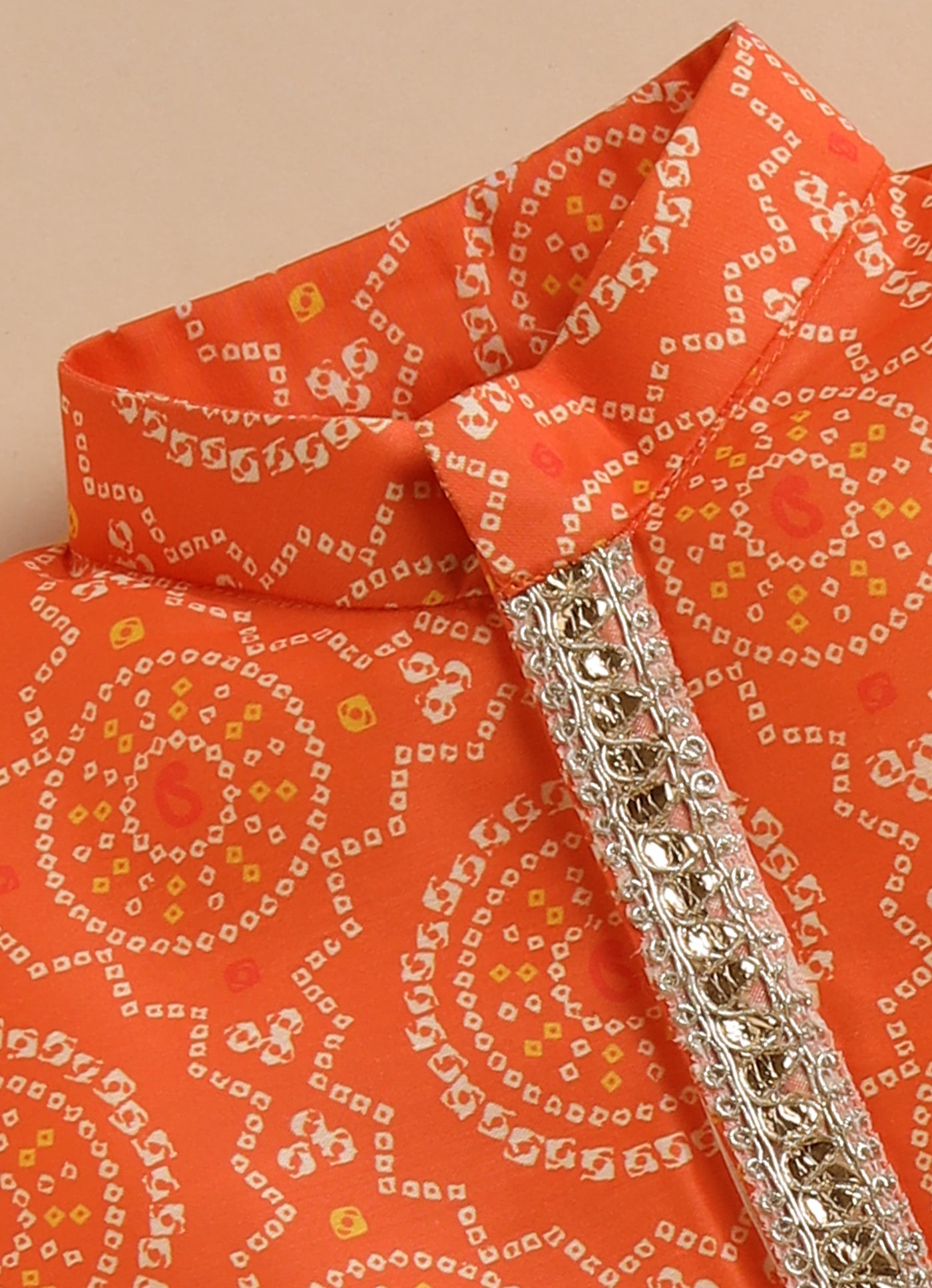 Blended Woven Bandhani Printed  Full Sleeves Kurta Pajama Ethnic Set- Orange