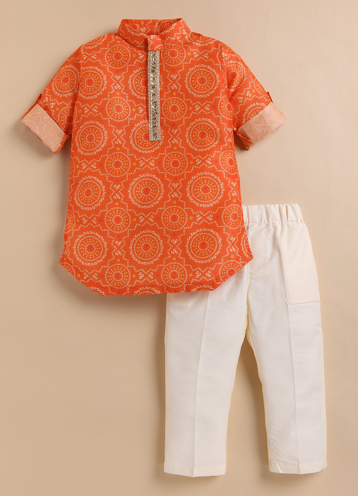 Blended Woven Bandhani Printed  Full Sleeves Kurta Pajama Ethnic Set- Orange