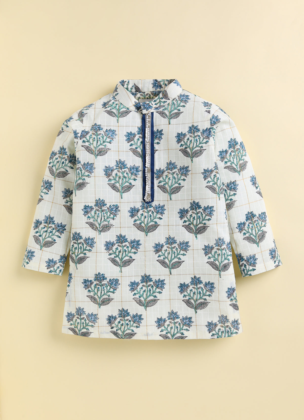 Boys 100% Cotton Jaipuri Floral Printed Full Sleeve Kurta with moti lace and Patiala Ethnic Set  - Blue