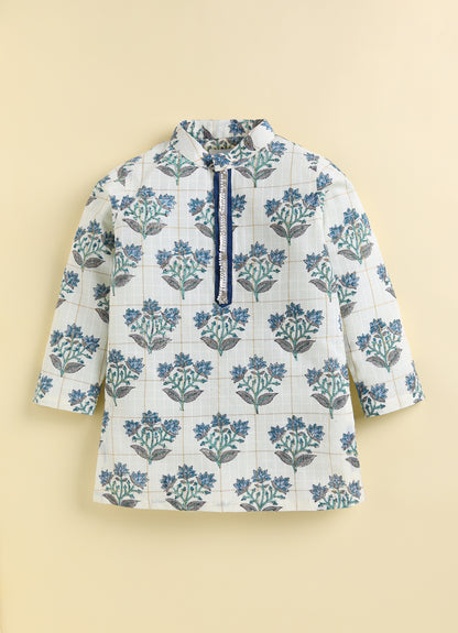 Boys 100% Cotton Jaipuri Floral Printed Full Sleeve Kurta with moti lace and Patiala Ethnic Set  - Blue