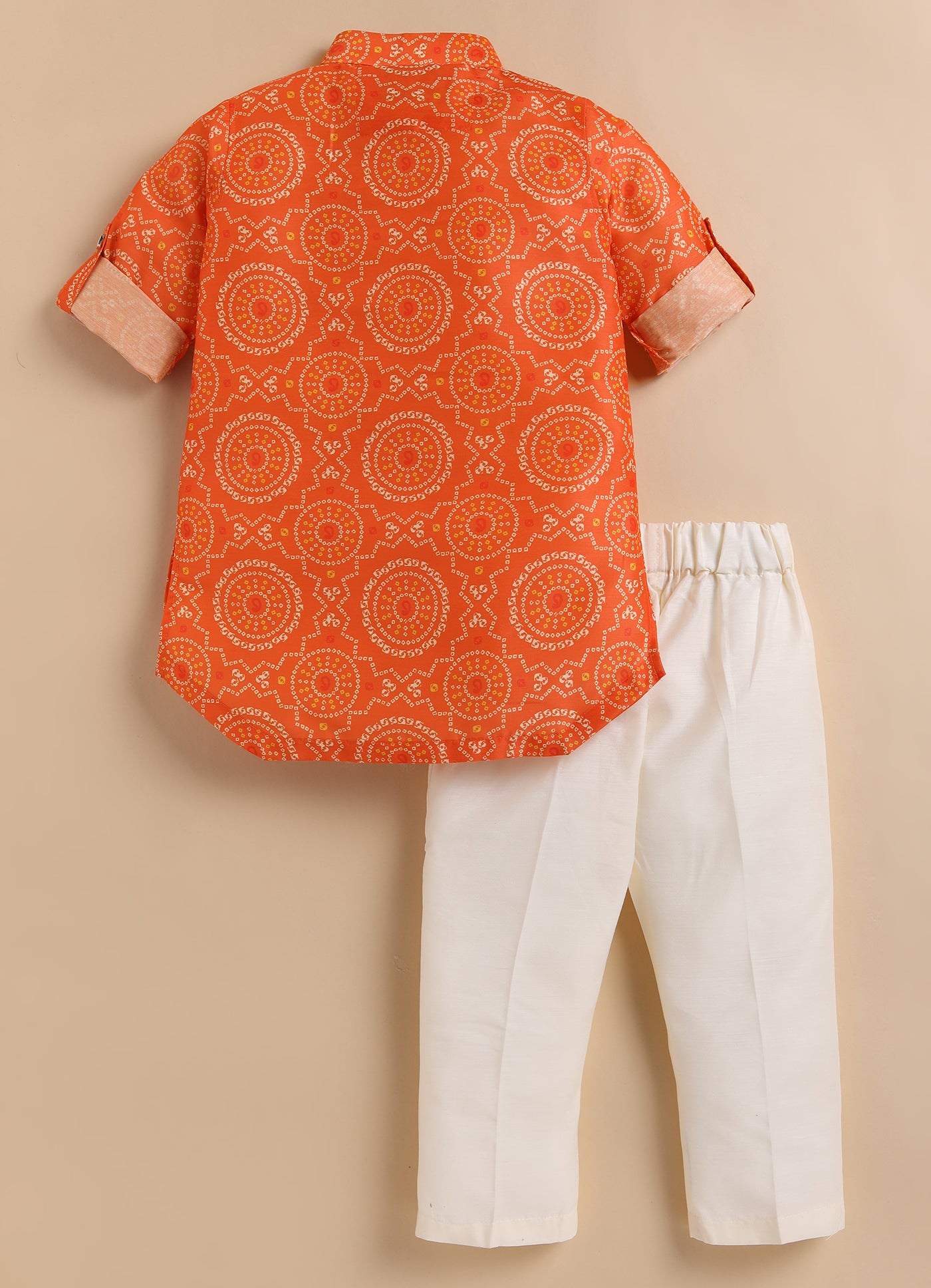 Blended Woven Bandhani Printed  Full Sleeves Kurta Pajama Ethnic Set- Orange